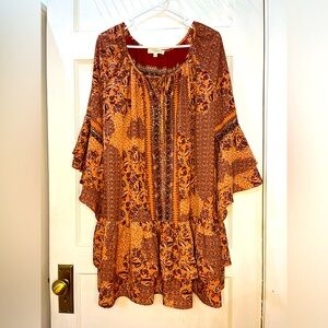 Umgee Burnt Orange Floral Patchwork Mini Dress